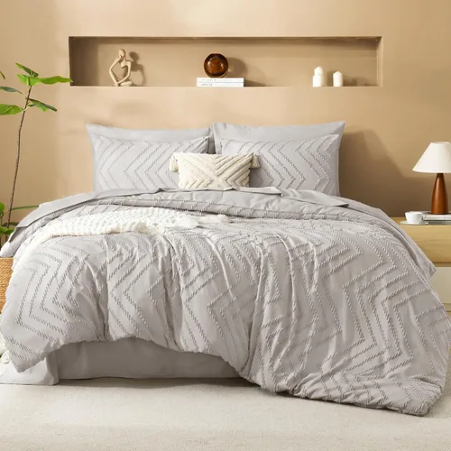 Miniatura 20 de Litanika Juego de ropa de cama con edredón tamaño King con sábanas beige - Juego de 7 piezas en una bolsa, diseño King Chevron copetudo bohemio