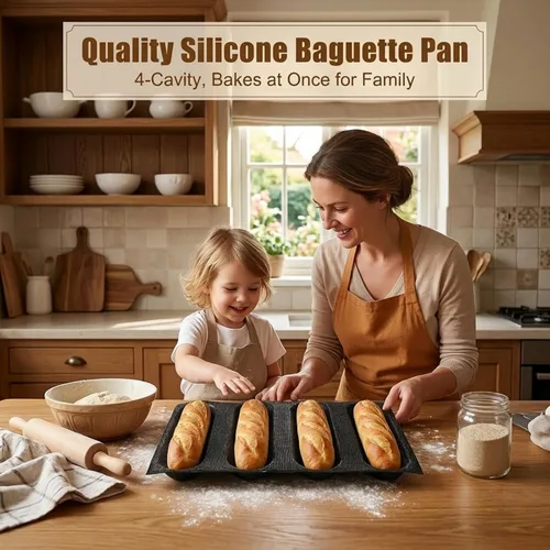 Miniatura 5 de Dioycli Molde de pan de silicona para hornear pan grande de baguette sartén perforada para bollos de perritos calientes, 4 panes, alfombrilla