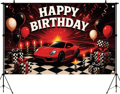Miniatura 4 de Telón de fondo de auto de carreras con texto en inglés «Happy Birthday» de 71 x 43 pulgadas, para niños, decoración de fiesta de cumpleaños
