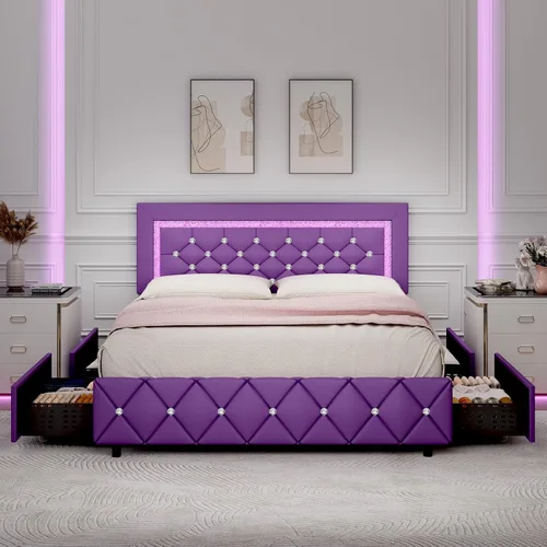 Miniatura 19 de Base de cama tamaño queen con luces LED, plataforma tapizada con cajones de almacenamiento, cama princesa con cabecera y cabecera de diamante,