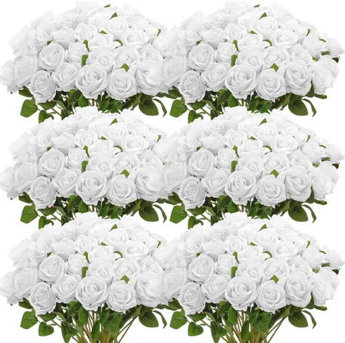 Miniatura 13 de Jexine 50 piezas de flores de rosa artificiales a granel realistas de seda falsa con tallo largo, ramo de flores artificiales de plástico de aspecto