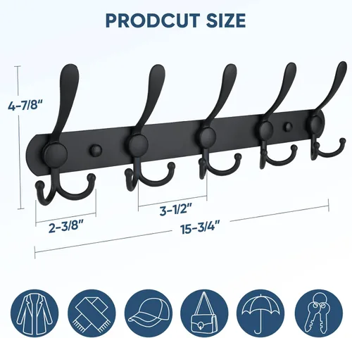 Miniatura 2 de TICONN Perchero montado en la pared, cinco ganchos triples resistentes de construcción totalmente metálica para chaqueta, abrigo, sombrero en Negro