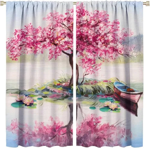 Miniatura 31 de Cortinas opacas con diseño floral de galaxia azul abstracta para dormitorio, cortinas de ventana de teñido anudado con diseño de flor de cerezo