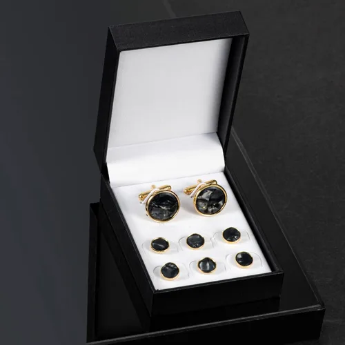 Miniatura 5 de UJOY Juego de gemelos y tachuelas de nácar para hombre, caja de presentación, piezas de vestido de negocios para fiesta de boda, Metal