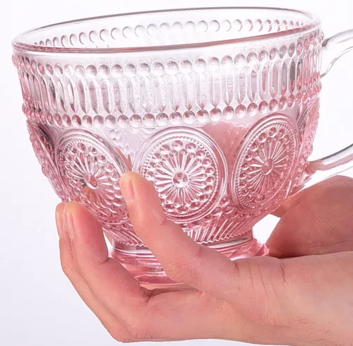Miniatura 4 de Tazas de café de vidrio vintage con asa, tazas de vidrio en relieve rosa de 14 onzas para capuchino, latte, cereales, yogur, té, leche (4)