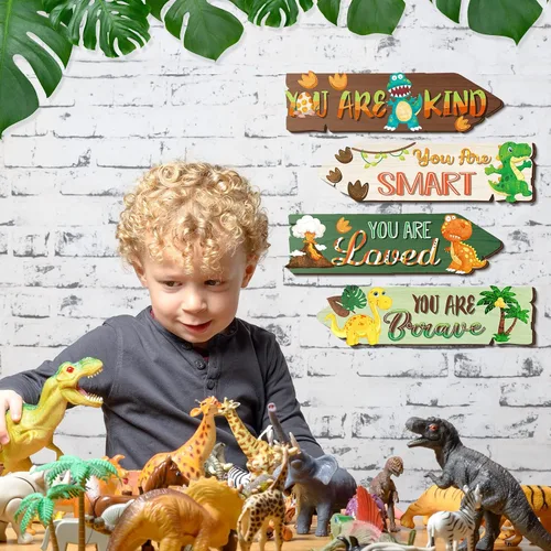 Miniatura 3 de Qunclay 4 piezas de decoración de dinosaurio de madera para niños, letrero de dinosaurio de madera, decoración de pared, acuarela, impresiones