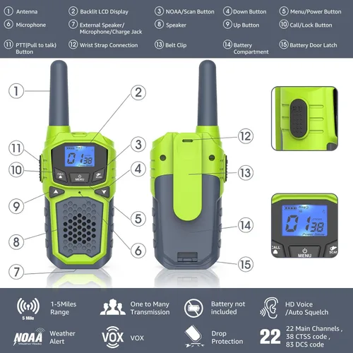 Miniatura 7 de Walkie Talkies para niños, radio de 2 vías de largo alcance 22 canales VOX, regalo de cumpleaños, walkie talkie familiar para camping, senderismo