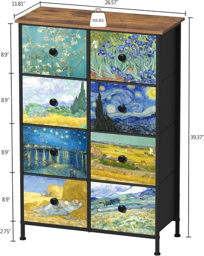 Miniatura 3 de EXOTICA Cómoda alta con 8 cajones para dormitorio, cómoda estrecha de cajones Van Gogh para pasillo, clóset, sala de estar, marco de acero, rústico