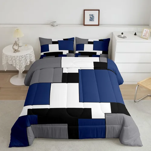 Juego de ropa de cama con diseño geométrico cuadrado para niños y niñas, color azul marino, gris, blanco y negro, edredón acolchado con líneas Multi