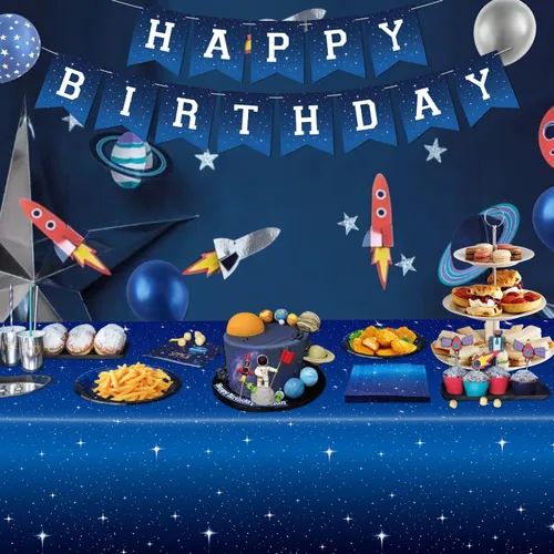 Miniatura 2 de Juego de 4 manteles de noche estrellada – Mantel rectangular de plástico de 86 x 51 pies, cubierta de mesa temática espacial – Suministros