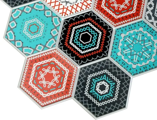 Miniatura 4 de Dundee Deco PG7028 Mosaico hexagonal sintético multicolor, 3.2 pies x 1.6 pies, panel de pared 3D de PVC, decoración de paneles de pared de diseño