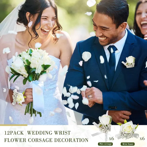 Miniatura 2 de Geosar Juego de 12 ramilletes blancos de boda y boutonniere para novia, dama de honor, incluye 6 muñequeras artificiales y 6 boutonniere