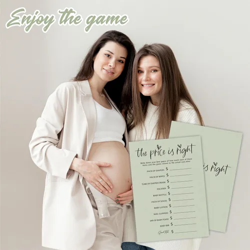 Miniatura 4 de Juego de Baby Shower "The Price Is Right" - Minimalismo Verde Musgo - 30 Tarjetas de Juego de Doble Cara Estilo Rellenar, Revelación de Género