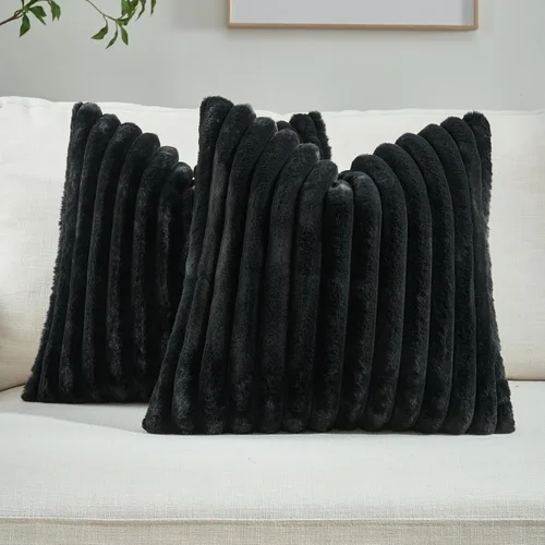 Miniatura 18 de FUTEI - Juego de 2 fundas de almohada decorativas con rayas, cuadradas, para invierno, piel sintética de conejo suave y acogedora y respaldo