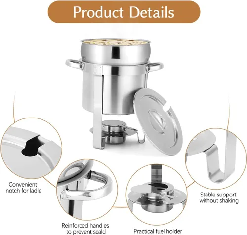 Miniatura 3 de Calentador de sopa redondo de acero inoxidable de 7 cuartos de galón, paquete de 2 Soup Chafer, Include Pot Lid & Fuel Holder, Commercial Soup Pot