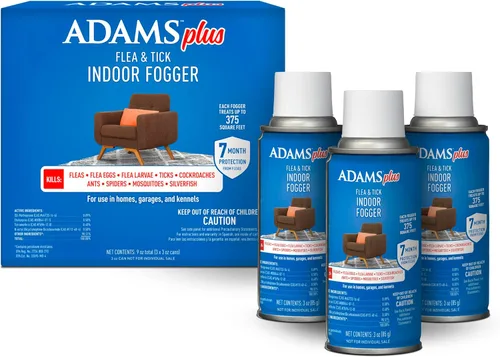 ADAMS Más nebulizador para interiores de pulgas y garrapatas, latas de 3 x 3 onzas, mata pulgas, huevos de pulgas, hormigas, moscas domésticas,