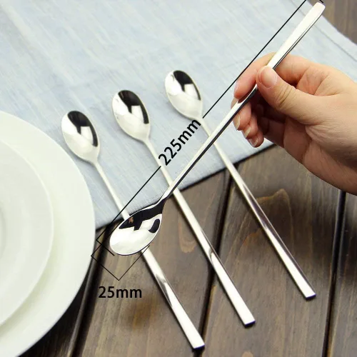 Miniatura 6 de Juego de utensilios de cocina de madera, 6 cucharas de mango largo de acero inoxidable, para madres, leches, té, mezcla, cóctel, agitación, café