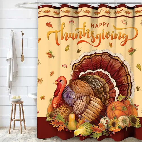 Cortina de ducha de otoño de Acción de Gracias, 72 x 72 pulgadas, juego de cortinas de baño de otoño, cosecha, pavo de Acción de Gracias con ganchos