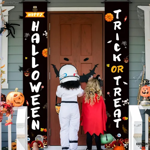 Miniatura 5 de KatchOn, Cartel de Feliz Halloween de Trick or Treat – Grande, 72 x 12 pulgadas Cartel negro para puerta de Halloween para decoraciones