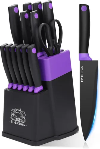 Miniatura 8 de Juego de 14 piezas de bloque de cuchillos de cocina con afilador, cuchillos de chef de acero inoxidable de alto carbono alemán, hoja de afeitar Rojo