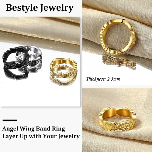 Miniatura 6 de Bestyle Anillos de ala de ángel antiguos para mujeres y hombres, anillos de banda de plumas de guardián, anillos de promesa de pareja para amantes