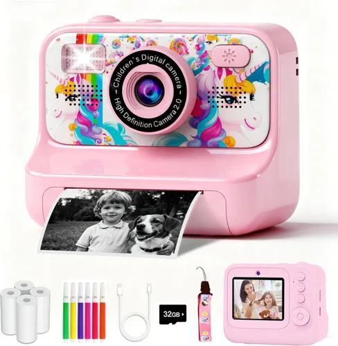 Cámara para niños, Cámara de impresión instantánea mejorada, Cámara digital selfie dual delantera y trasera con videos de 1080P, juguete de viaje