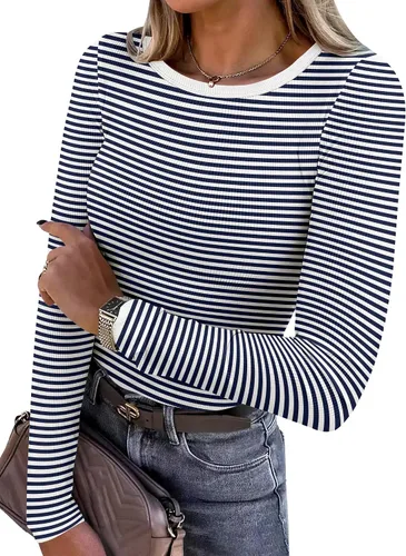 Miniatura 15 de ANRABESS - Camisetas de manga larga para mujer, de punto acanalado, ajustadas, básicas, 2025, informales, para usar a capas o debajo del uniforme
