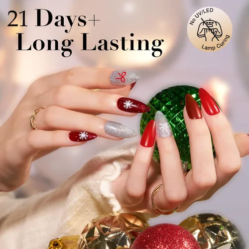 Miniatura 7 de AZUREBEAUTY - Juego de uñas en polvo para inmersión, rojo navideño, borgoña, rosa, baya, brillo, blanco, plata, purpurina, 6 colores, kit