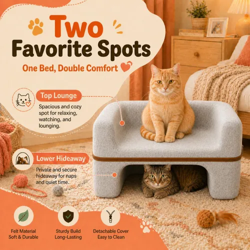 Miniatura 3 de Cama grande para gatos de interior, cama cueva para gatos de 2 niveles con salón superior y escondite inferior, sofá lavable de fieltro PET