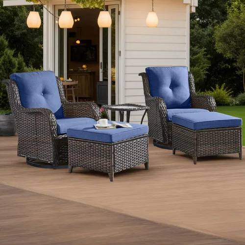 Miniatura 104 de HUMMUH Sillas Mecedoras Giratorias de Mimbre para Patio Exterior con Respaldo Alto, Sillas Deslizantes de Ratán PE, Juego de Muebles de Patio de 4