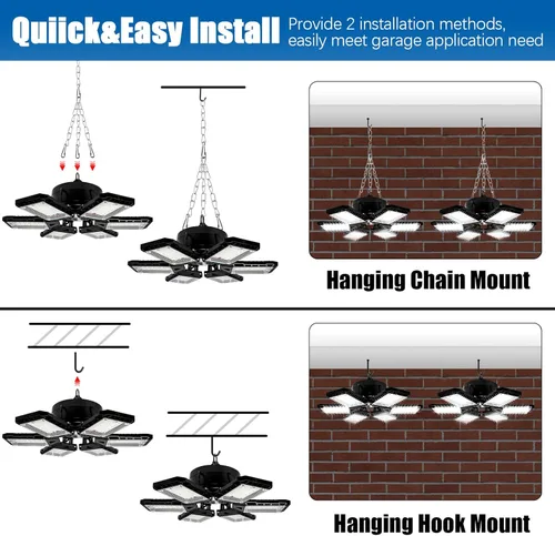 Miniatura 4 de Aoretic - Paquete de 2 luces LED de garaje de 180 W, 18000 lm, 6500 K, con 6 + 1 paneles deformables, luz de tienda LED, para sótano, granero, techo