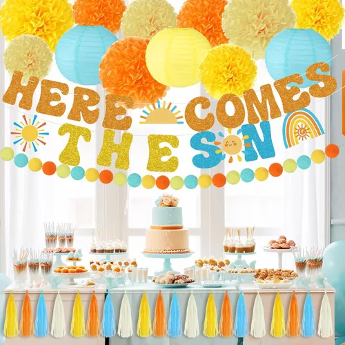 Miniatura 4 de TaoBary Banner de ducha con temática de «Here Comes The Sun» «Here Comes The Son» para baby shower, con pompones de seda, farol de papel, bohemio
