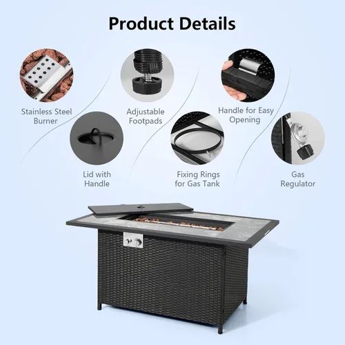 Miniatura 9 de Tangkula Patiojoy - Mesa de mimbre para fogata de propano para patio, de 52 pulgadas, mesa de fuego de gas para exteriores de 50,000 BTU