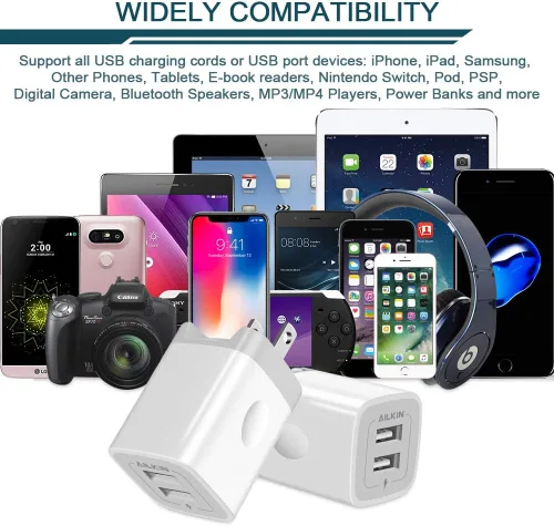 Miniatura 6 de Cargador de pared USB, adaptador de cargador plegable, AILKIN 2 unidades de 2.4 amperios de doble puerto de cargador rápido, cubo de enchufe de CA