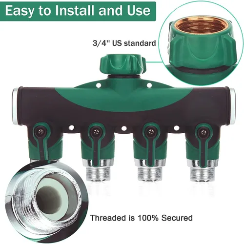 Miniatura 2 de Divisor de manguera de jardín de 4 vías – 3/4 pulgadas resistente de metal para grifo de agua con válvulas de cierre, conectores de manguera a