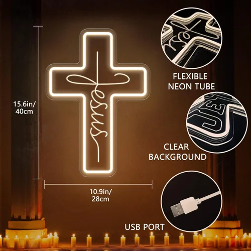Miniatura 4 de Letreros de neón con cruz de Jesús, decoración de pared LED para dormitorio, sala de estar, bodas, letrero de luz regulable para decoración