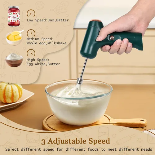 Miniatura 4 de Batidora de mano inalámbrica, batidor eléctrico de mano con 3 modos de velocidad, batidor de huevos de mano con 2 batidores desmontables (verde)