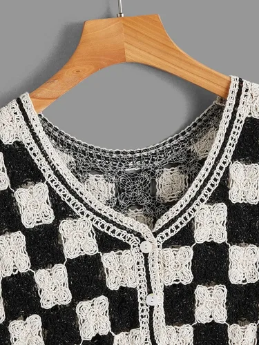 Miniatura 3 de Verdusa Chaleco de punto a cuadros sin mangas con cuello en V y botones para mujer