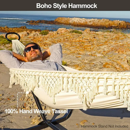Miniatura 2 de JoyView Hamaca individual de macramé bohemia con cuerdas para colgar y elegantes borlas, hamaca portátil de algodón de 78.8 x 39.4 pulgadas