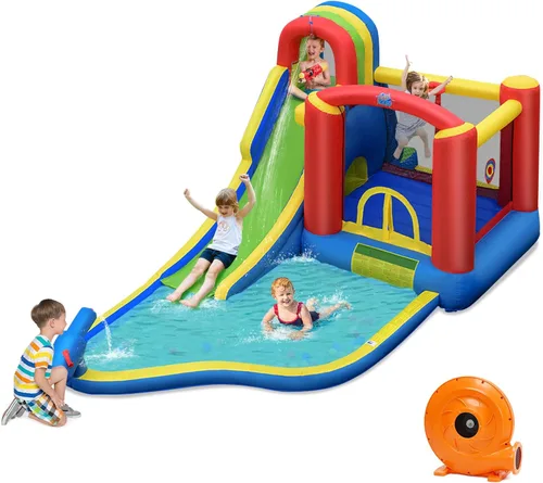 Miniatura 13 de HONEY JOY Tobogán acuático inflable, casa de rebote de tobogán acuático 9 en 1 con piscina de salpicaduras, tobogán largo, pozo de bolas con 50