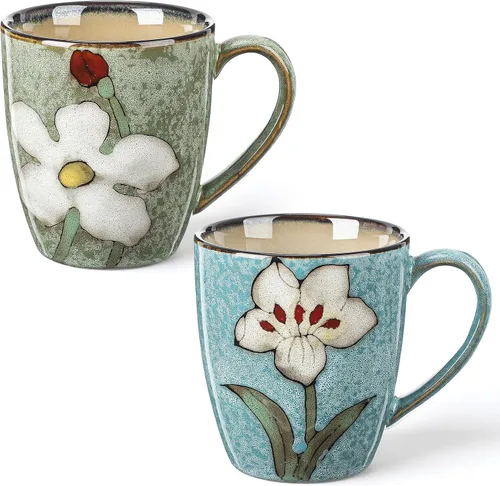 Miniatura 11 de Maxdot Juego de tazas de café de cerámica de 12 onzas, proceso de acristalamiento, taza de capuchino, tazas de té de cerámica floral, regalo