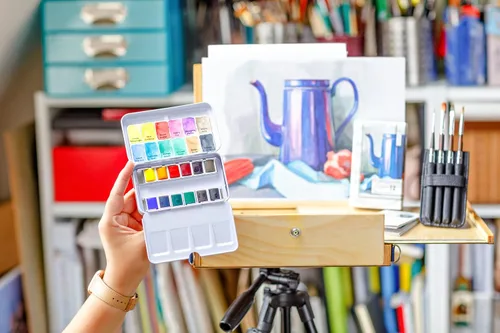 Miniatura 3 de ZenART - Pintura de acuarela moderna profesional, no tóxica, juego de 12 medias bandejas en paleta de lata de metal, juego de viaje portátil