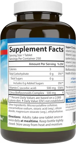 Miniatura 2 de Carlson - Complejo Super-C, Vitamina C + Bioflavonoides, Función Inmune y Bienestar Óptimo, Antioxidante, 250 Tabletas Vegetarianas
