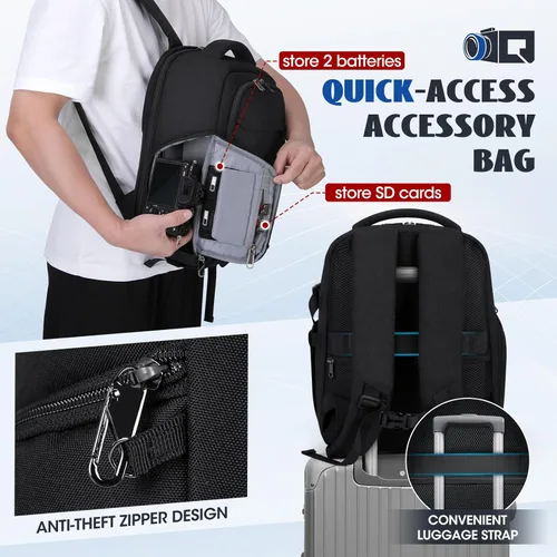Miniatura 6 de RAINSMORE Mochila para cámara para fotógrafos DSLR SLR SLR sin espejo con cubierta impermeable para lluvia y compartimento para laptop, se adapta a