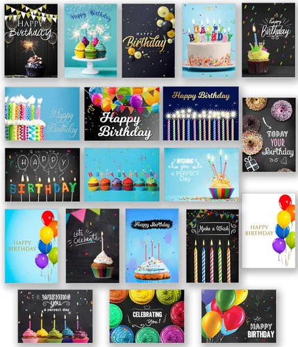 Miniatura 7 de Tarjetas de feliz cumpleaños con sobres y calcomanías, 20 diseños únicos, notas de felicitación de 4 x 6 pulgadas cuando están plegadas, cartulina