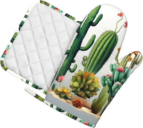 Miniatura 9 de Juego de manoplas de horno de cactus y soportes para ollas, guantes de horno de silicona resistentes al calor para cocinar, guantes de horno