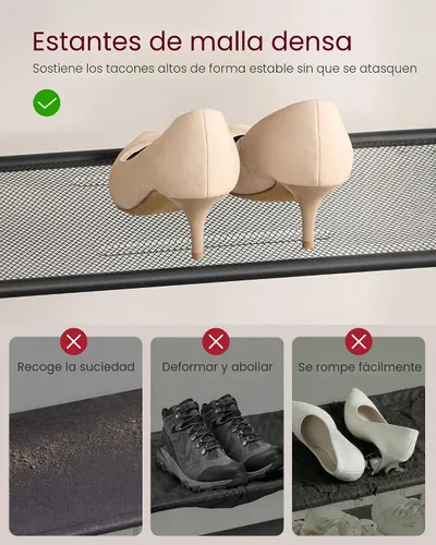 Miniatura 7 de VASAGLE Zapatero de 4 niveles, organizador grande de almacenamiento de zapatos para armario, entrada, 15-20 pares, con 3 estantes de malla metálica