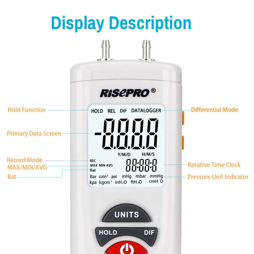 Miniatura 4 de medidor digital de presión del aire y medidor de presión diferencial. manómetro hvac de presión de gas