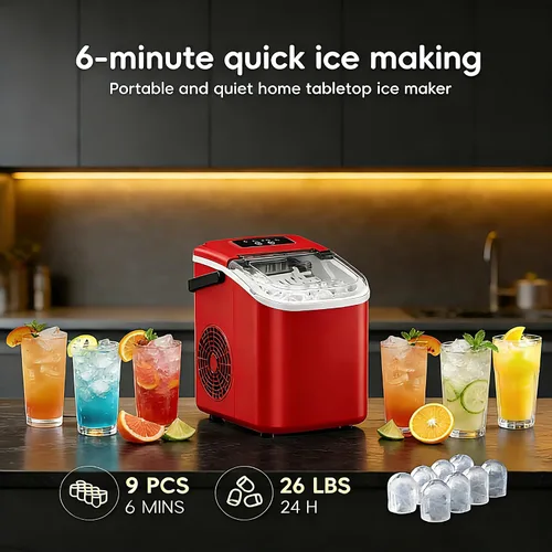 Miniatura 3 de Máquina de hielo para encimera con asa, pequeña máquina de hielo portátil autolimpiante con cesta y cuchara, 26 libras/24 horas, 9 cubitos de hielo