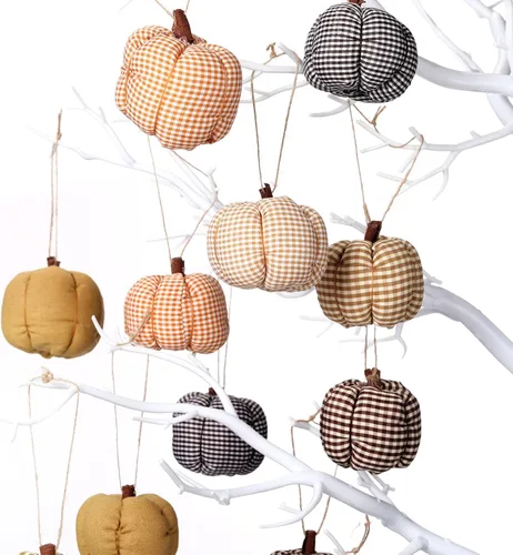 Miniatura 5 de Hiboom 12 adornos de calabaza de fieltro de otoño para decoración 3D de Acción de Gracias, 6 estilos, tela a cuadros, bellota, adorno colgante